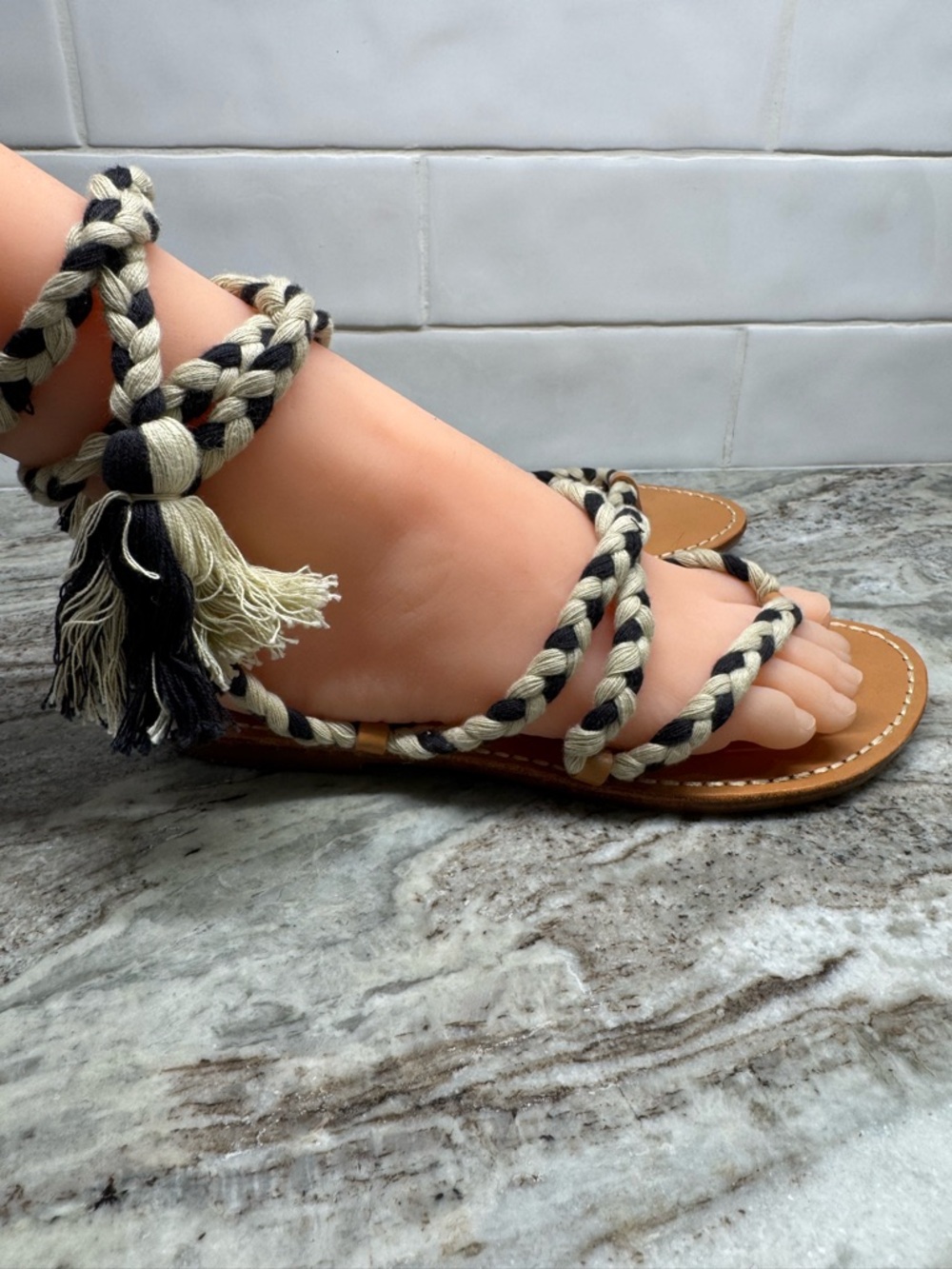 Soludos free people Braided Tassel Wrap leather Sandals - navy & Cream 7